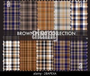 Brown plaid, checkered, tartan seamless pattern collection includes 10 designs suitable for fashion textiles and graphics Stock Vector