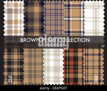 Brown plaid, checkered, tartan seamless pattern collection includes 10 designs suitable for fashion textiles and graphics Stock Vector