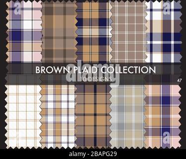 Brown plaid, checkered, tartan seamless pattern collection includes 10 designs suitable for fashion textiles and graphics Stock Vector