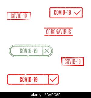 Set of rectangular coronavirus stamps isolated on white background, vector illustration. Stock Vector
