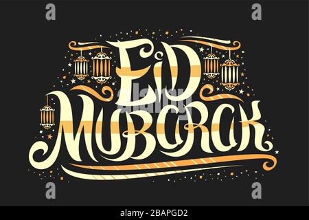 Vector greeting card for Eid Mubarak, poster with curly calligraphic font, art design curls and decorative flourishes, hanging lamps, swirly brush typ Stock Vector