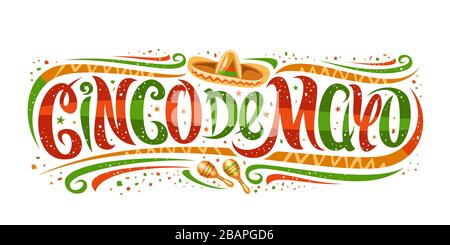 Vector greeting card for Cinco de Mayo, horizontal invitation with curly calligraphic font, art design curls and decorative flourishes, swirly brush l Stock Vector