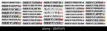 Vector set of American and Asian Countries Flags, 38 decorative isolated titles with national state flags and original letters for different words mad Stock Vector