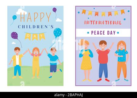 Happy childrens day greeting card flat vector templates set Stock Vector