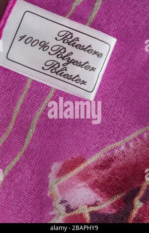 Label in woman's 100% polyester scarf - sold in the UK United Kingdom, Great Britain Stock Photo