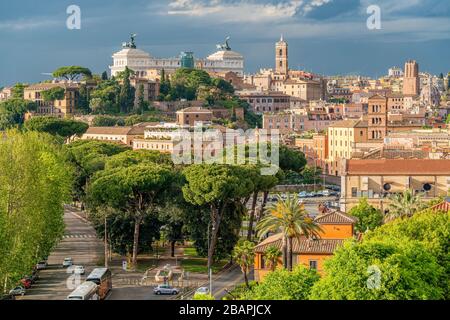 Panoramic view from the Orange Garden (Giardino degli Aranci) on the aventine hill in Rome, Italy. Stock Photo