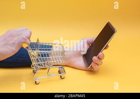 Hands holding mini shopping trolley and smartphone. Stock Photo