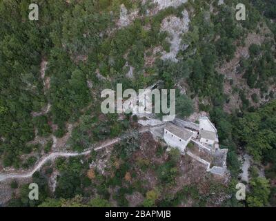 ioannina greece aerial view christian orthodox religion monastery panagia raidiotissa in greek tradional village of brosina in epirus Stock Photo