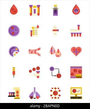 20 clinical hematology laboratory flat icon set. Stock Vector