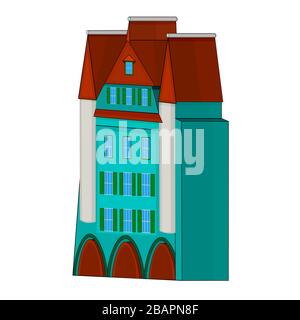 House in perspective view isolated on white background. Victorian polygonal blue building. 3d rendering of cartoon european urban house. Stock vector Stock Vector