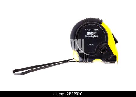 Retractable tape measure, tape measure, pro tek tape measure, measuring tape, retractable measuring tape, White background, copy space, isolated, make Stock Photo