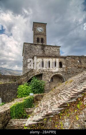 Clock Tower at the Castle of Gjirokaster, Albania Stock Photo