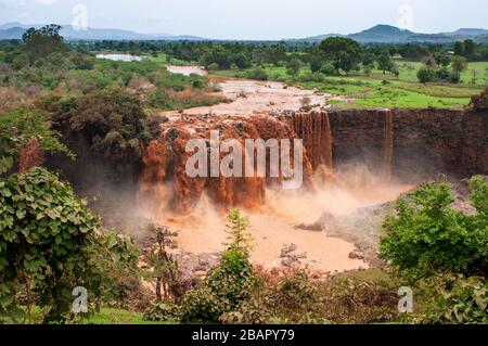 Tis Issat Or Tissisat. The Blue Nile Falls is a waterfall on the Blue Nile river in Ethiopia. It is known as Tis Abay in Amharic, meaning 'great smoke Stock Photo