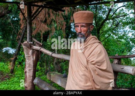 Kebran Gabriel Monastery, Lake Tana, Bahir Dar, Ethiopia. Portrait of an elderly man in the monastery of Kebran Gabriel, on Lake Tana. Kebran Gabriel, Stock Photo