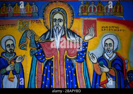 Debre Sina Beta Maryam church, Lake Tana, Bahir Dar, Ethiopia. Colourful Wall Paintings, Bet Maryam Monastery, Lake Tana, Bahir Dar, Ethiopia Stock Photo