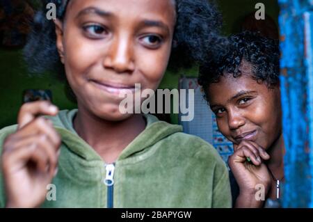 Inside a house with local people in Gondar city, Ethiopia. Gondar is one of the most wonderful sites in the world. Not only for its impressive Royal P Stock Photo