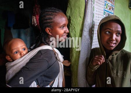 Inside a house with local people in Gondar city, Ethiopia. Gondar is one of the most wonderful sites in the world. Not only for its impressive Royal P Stock Photo