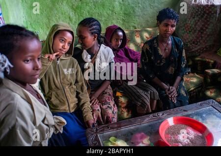 Inside a house with local people in Gondar city, Ethiopia. Gondar is one of the most wonderful sites in the world. Not only for its impressive Royal P Stock Photo