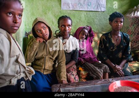 Inside a house with local people in Gondar city, Ethiopia. Gondar is one of the most wonderful sites in the world. Not only for its impressive Royal P Stock Photo