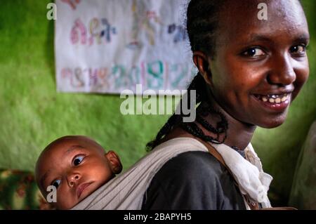 Inside a house with local people in Gondar city, Ethiopia. Gondar is one of the most wonderful sites in the world. Not only for its impressive Royal P Stock Photo