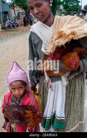 Public market in the town of Hawzen, Tigray Region, Ethiopia on a sunny day. Stock Photo