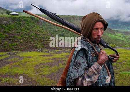 Children and traditional african village house in Lalibela village in Amhara region, Northern Ethiopia Stock Photo