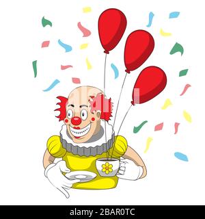 Cartoon clown with Cup saucer and balloons on an isolated background. Vector image Stock Vector
