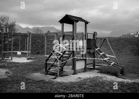 Kranj, Slovenia, March 21, 2020: A closed playground, one of early safety measures, during the coronavirus outbreak nationwide lockdown. Stock Photo