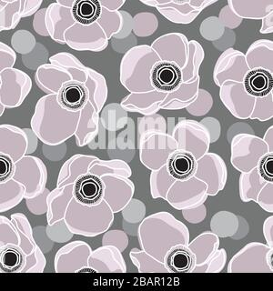 Pale Pink Anemone Flower and Confetti Design Pattern on Grey Background. Beauty in Nature Stock Vector