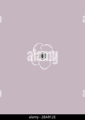 Modern and Minimalist Line Art Anemone Flower White Vector Drawing on Pale Pink. Wedding Design Element Stock Vector