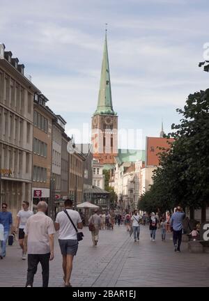 Pedestrian street, Breite Strasse, in the centre of Lübeck Germany, St. Jacob church in the background Stock Photo