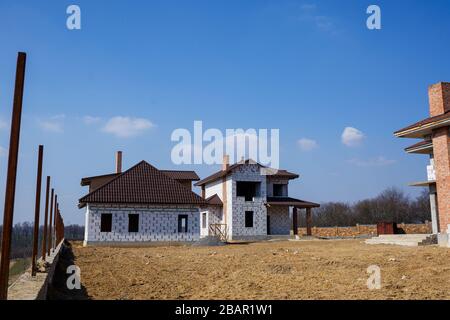 construction of a country two-story house from a gas block Stock Photo