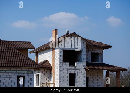 construction of a country two-story house from a gas block Stock Photo