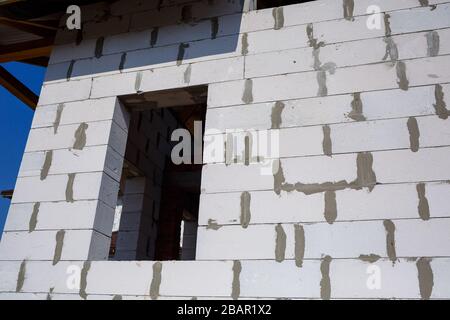 construction of a country two-story house from a gas block Stock Photo