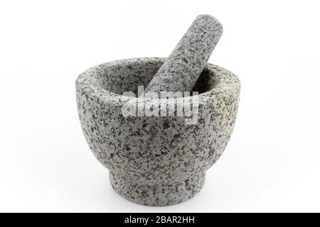 granite mortar and pestle isolated on white copy space Stock Photo