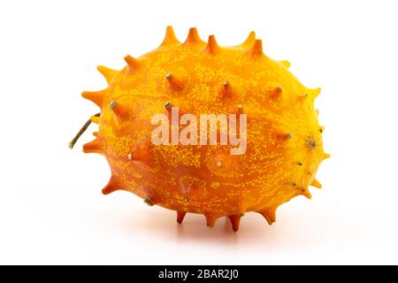 fresh horned melon fruit isolated on white copy space closeup Stock Photo