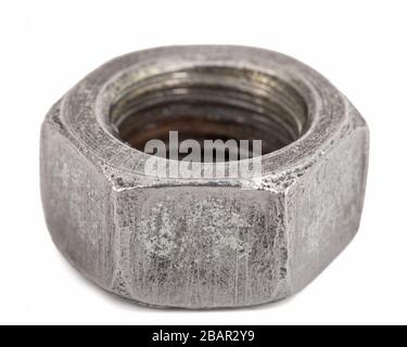Metal nut closeup, isolated on white background Stock Photo