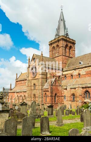 St Magnus Cathedral dominates the skyline of Kirkwall, Orkney, Scotland, UK.  It is the most northerly cathedral in the UK.