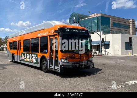 A Metro Local bus on Valley Blvd, amid the global coronavirus COVID-19 pandemic, Saturday, March 28, 2020, in Alhambra, California, USA. (Photo by IOS/Espa-Images) Stock Photo