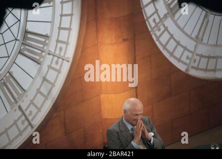 Sir James Goldsmith on set at the BBC in London prior to an appearance on a political show. Goldsmith was born in 1933 and became a British billionaire businessman and founder of the short-lived eurosceptic Referendum Party in Britain which stood candidates in the 1997 UK general election. He died later that year in Spain. Stock Photo