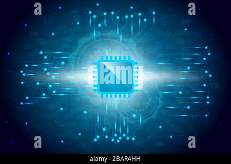 Abstract technology background vector with glowing computer chip ,shiny circuit pattern and binary code texture. Stock Vector