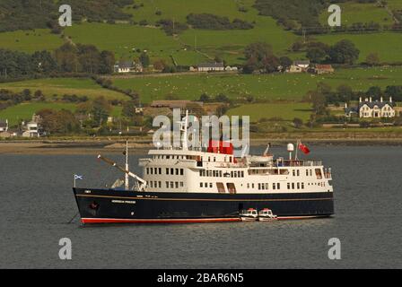 HEBRIDEAN PRINCESS at anchor in the delightfully peaceful setting of CARLINGFORD LOUGH, NORTHERN IRELAND Stock Photo