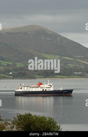 HEBRIDEAN PRINCESS at anchor in the delightfully peaceful setting of CARLINGFORD LOUGH underneath KNOCKSHEE, NORTHERN IRELAND Stock Photo