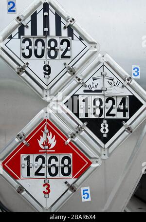 DOT Placards Displayed on the Rear of a Fuel Tanker Stock Photo