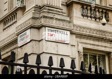 LONDON- Whitehall street sign in SW1 City of Westminster, a famous London Street and location of many British government buildings Stock Photo