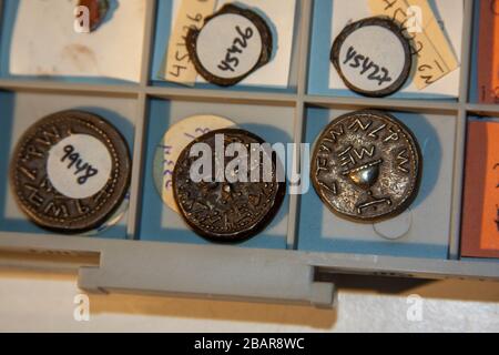 Ancient Jewish silver coins from the Second Temple period Photographed at the Israel Antiquities Authority Stock Photo