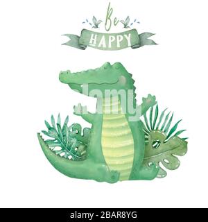 Shy crocodile waving.  illustration with simple gradients. All in a single layer. Stock Photo