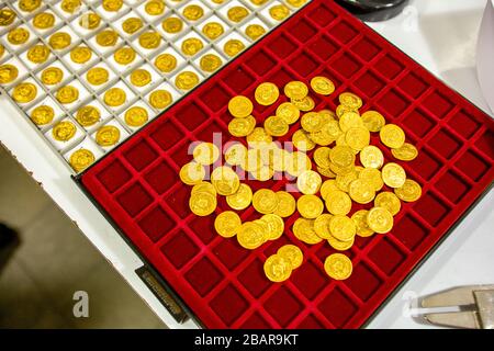 A collection of ancient gold coins found in Israel. Photographed at the Israel Antiquities Authority Stock Photo