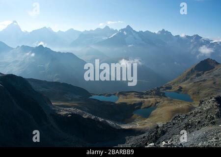 view to lacs de ferret with amazing mountain scenery in the background Stock Photo