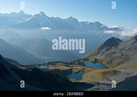 view to lacs de ferret with amazing mountain scenery in the background Stock Photo